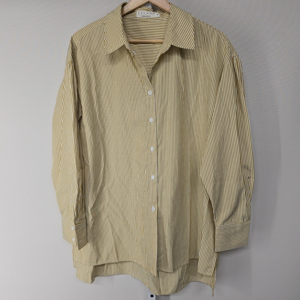Exlura Mustard Yellow Striped‎ Button Down Shirt ST016 Women Size M Oversized